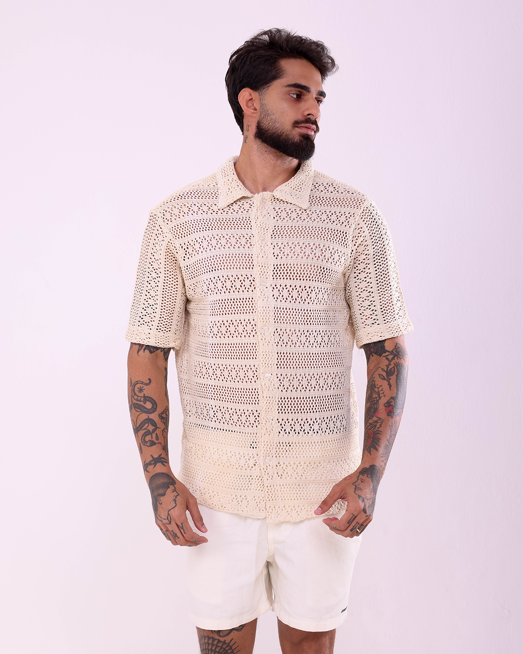 CAMISA BOTÃO CROCHÊ - BEGE